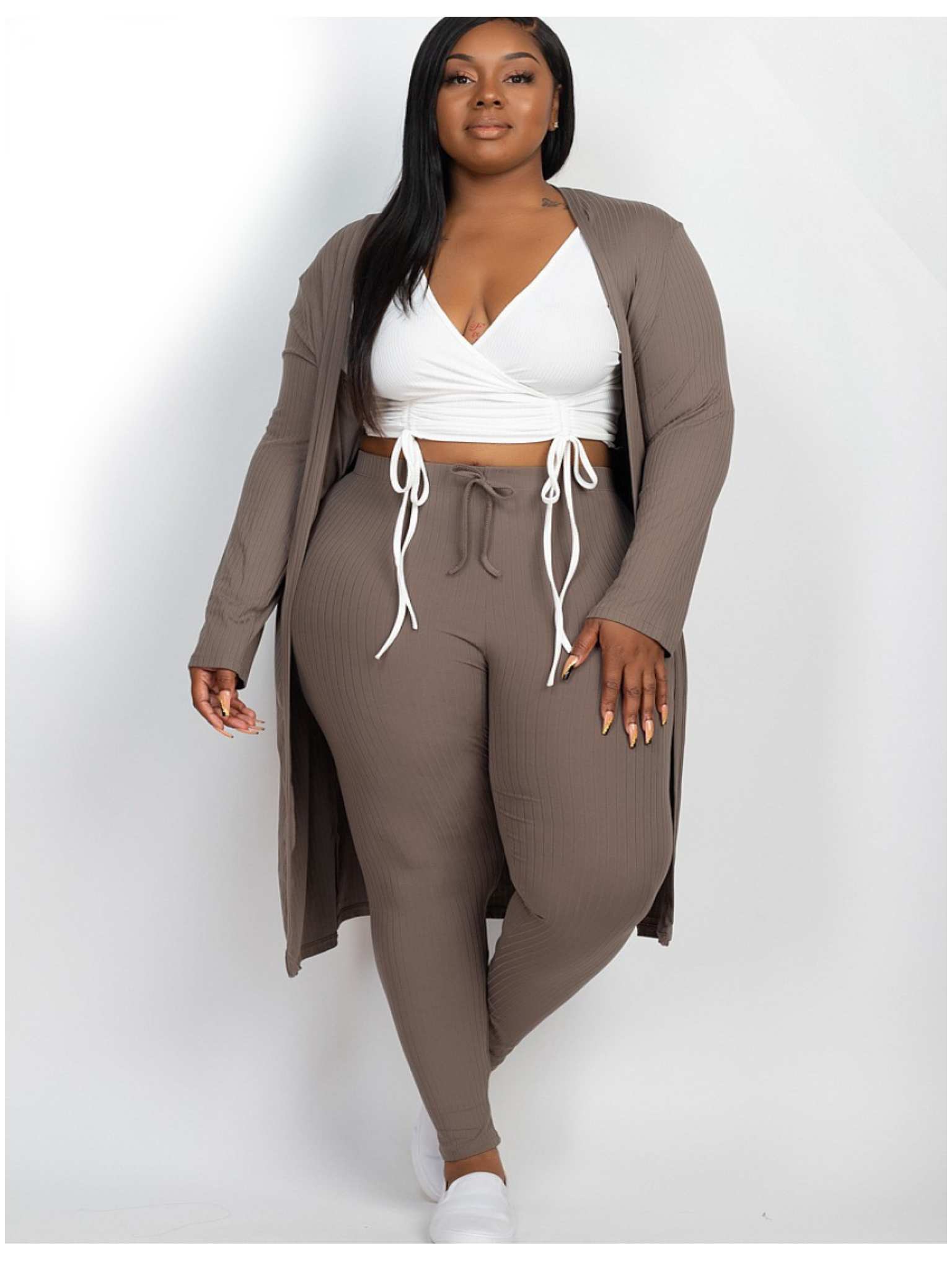 Curvy Size Ribbed Cardigan and Leggings Set